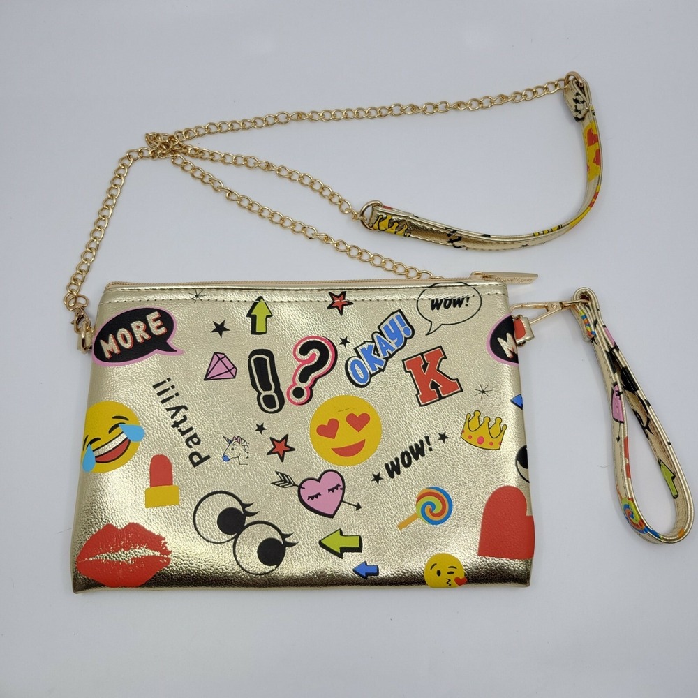 Bari Lynn Gold Metallic Emoji Crossbody Chain Purse Wristlet Detachable Strap